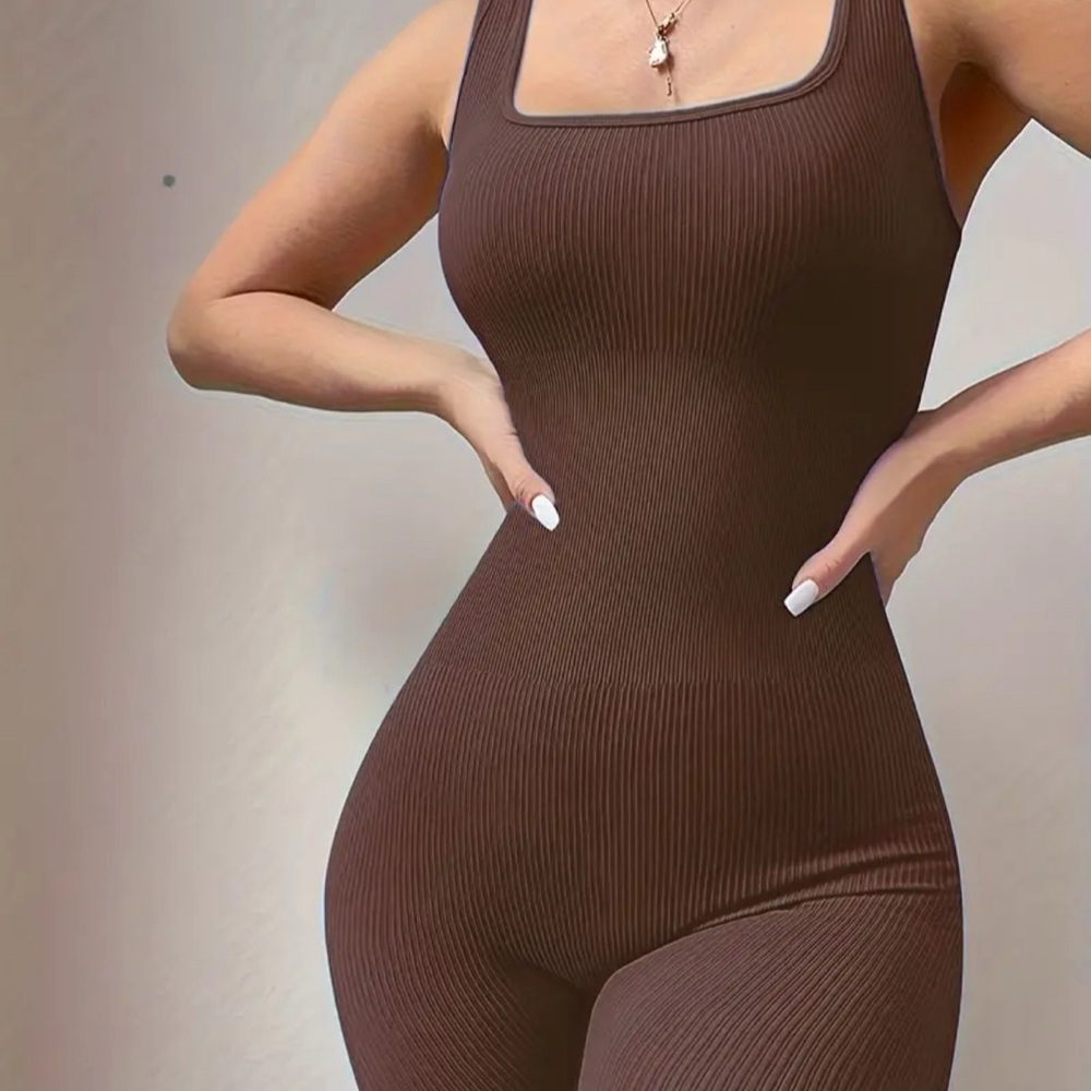 Brown Ribbed Sleeveless Jumpsuit